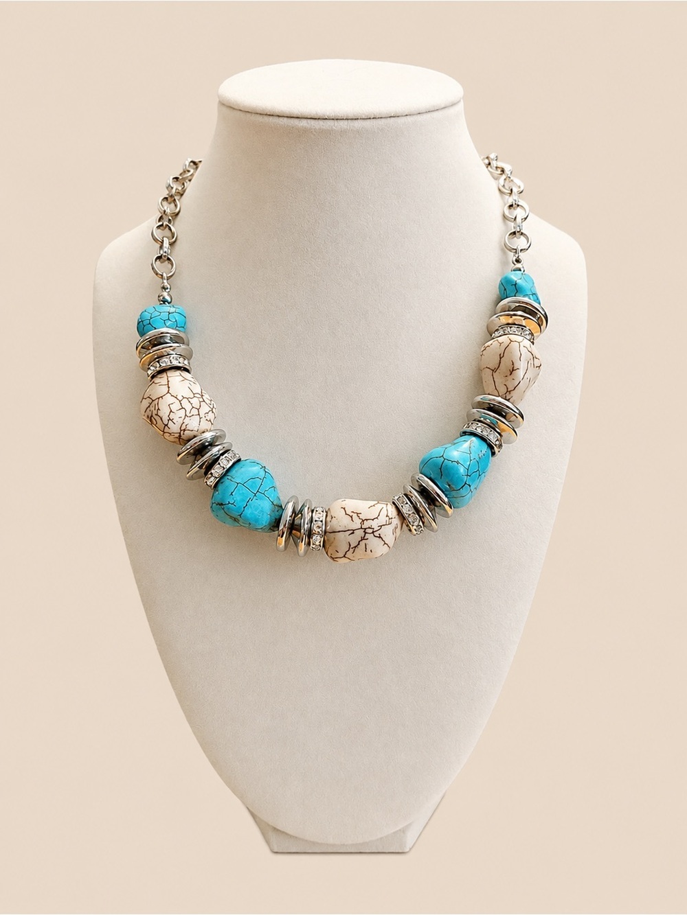 Southwestern Turquoise & White Howlite Necklace Silver Tone Chunky Boho Western